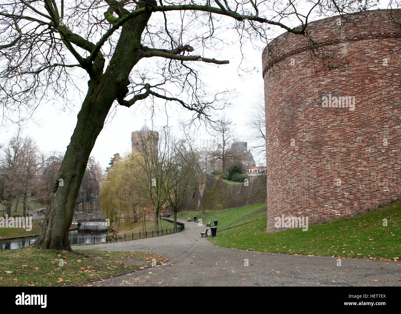 Medieval city ramparts at  Kronenburgerpark in centre of Nijmegen, Netherlands. In background Kruittoren (1426) Stock Photo
