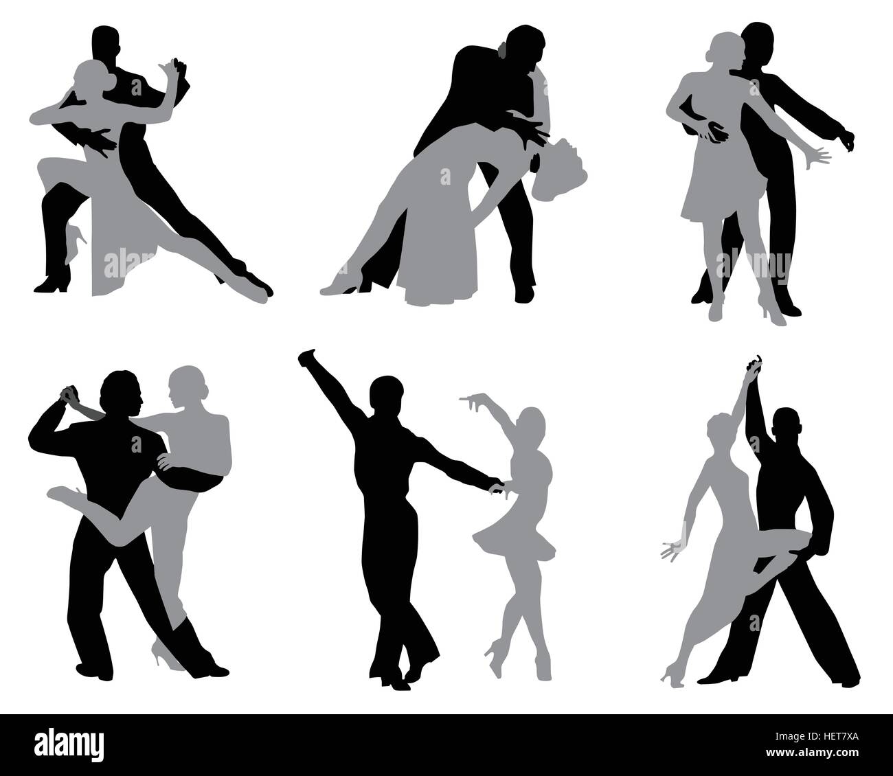 Silhouettes of the dancing couples, different styles of dance Stock Vector