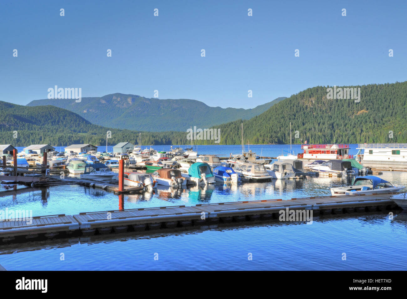 View of Powell Lake from the Shinglemill Pub and Bistro, Powell River Stock Photo