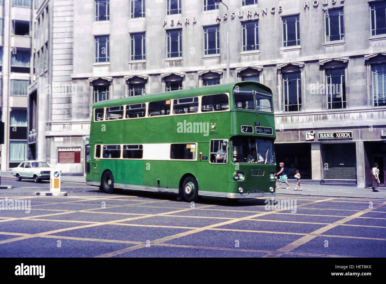 Liverpool, UK - Summer, 1970:  New Leyland Atlantean bus owned by Merseyside Passenger Transport Executive operating on the key Shiel Road circular service in Liverpool Stock Photo
