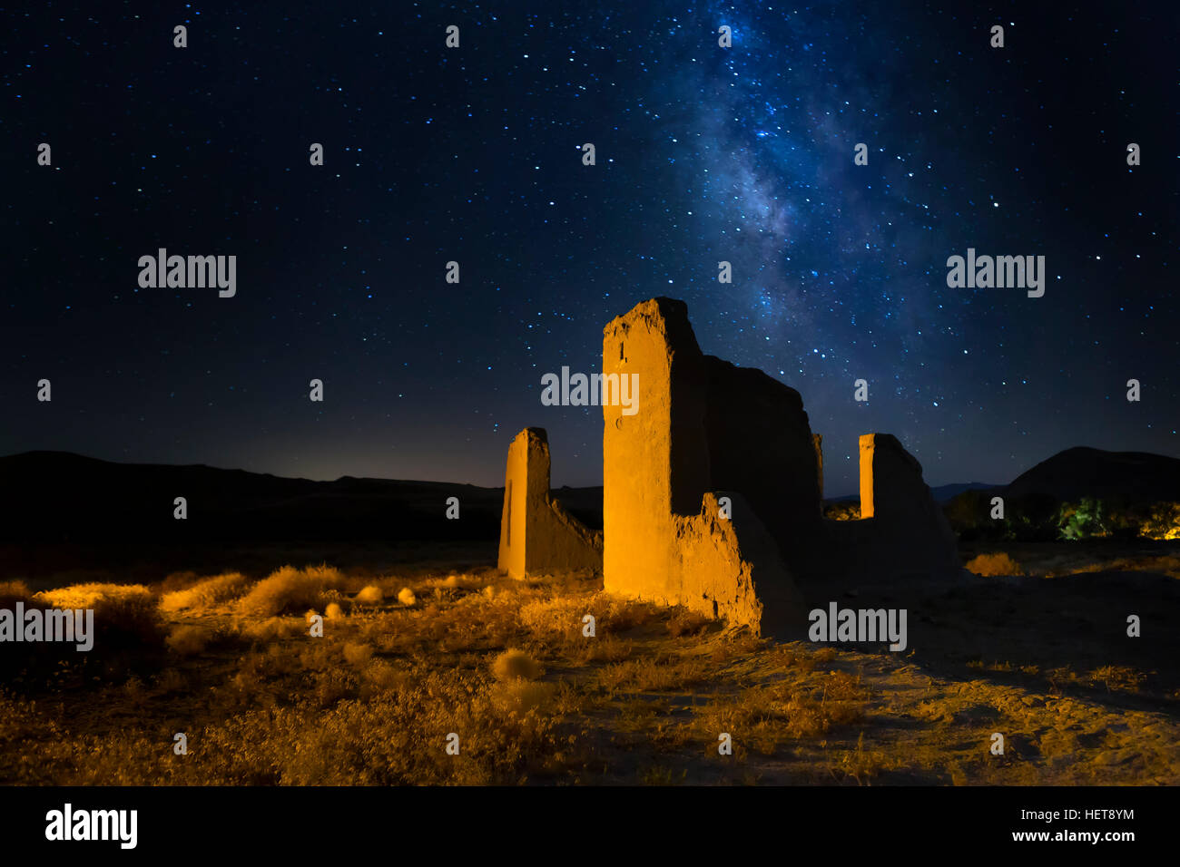 Fort Churchill. Nevada. Shallow depth of field with focus on near wall at night with the Milky Way. Stock Photo