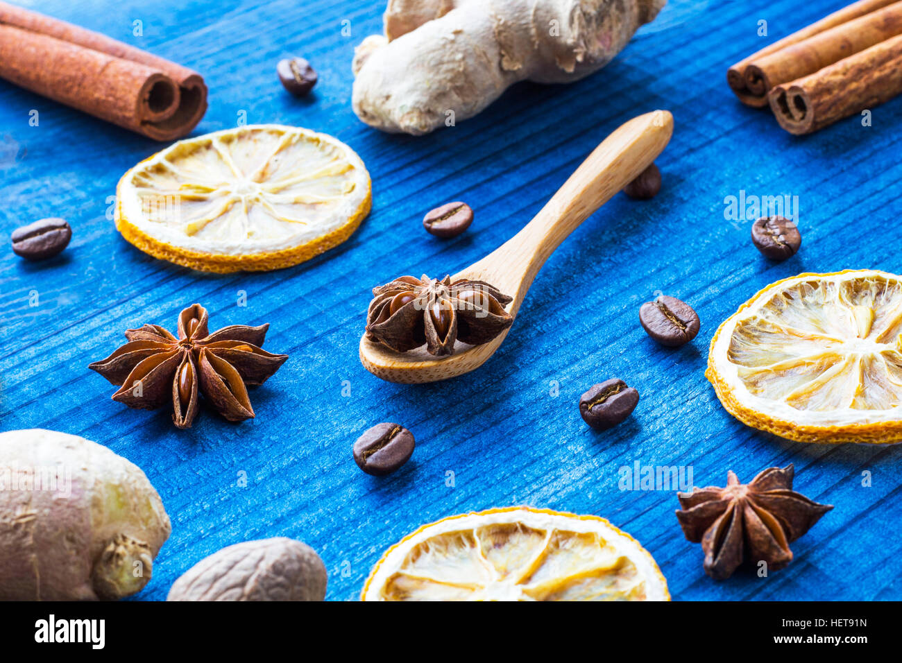 Spices on blue wooden table Stock Photo