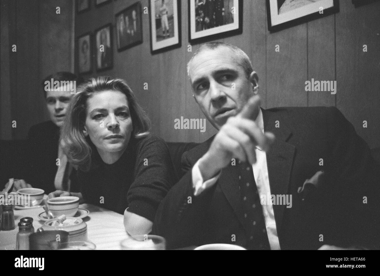 Lauren Bacall, dining with husband Jason Robards, and Barry Nelson. At the time, she was appearing on Broadway in the play Cactus Flower. Stock Photo