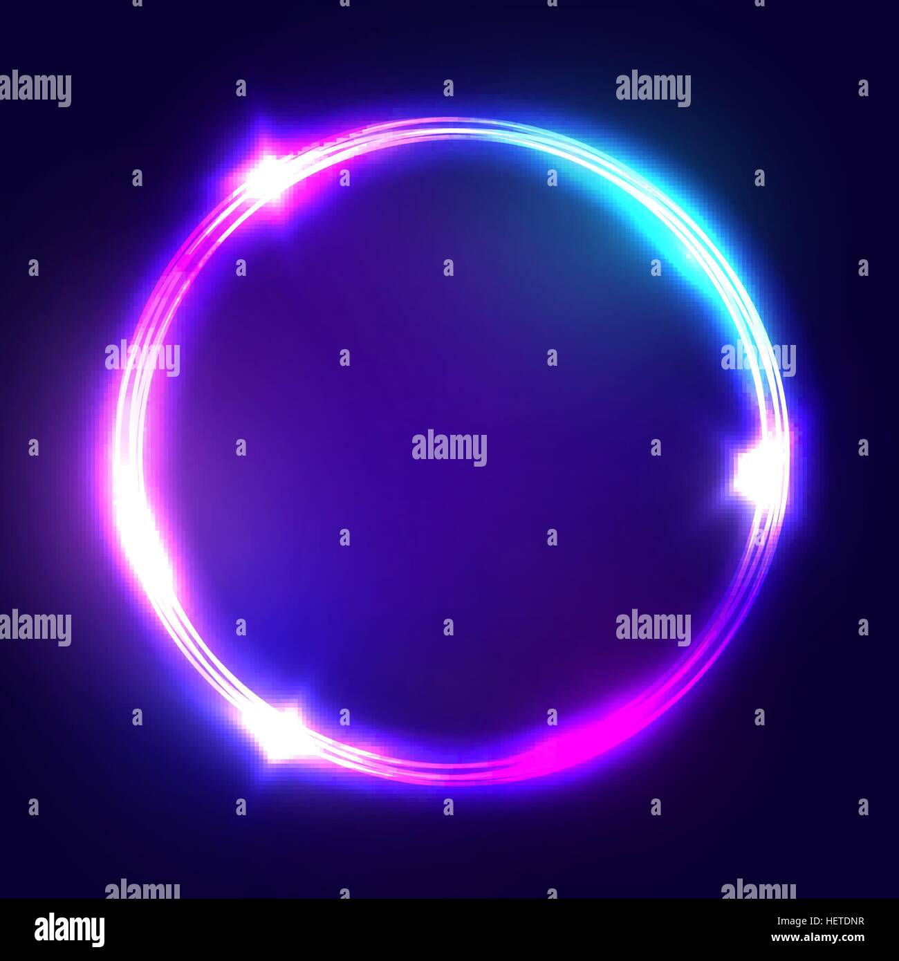 Neon sign. Round frame with glowing and light. Electric bright 3d circuit banner design on dark blue backdrop. Neon abstract circle background with flares and sparkles. Vintage vector illustration. Stock Vector