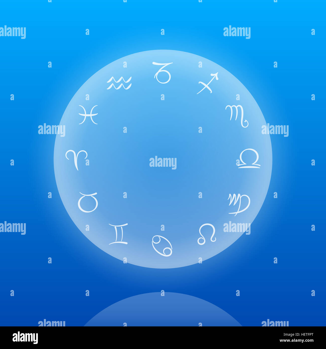 Astrology sings of the zodiac on a floating sphere on ocean blue background. Stock Photo