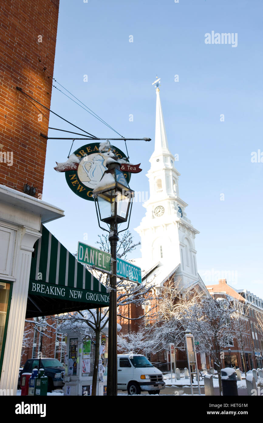 The North Church and Breaking New Grounds in Market Square in Portsmouth, New Hampshire. Winter. Stock Photo