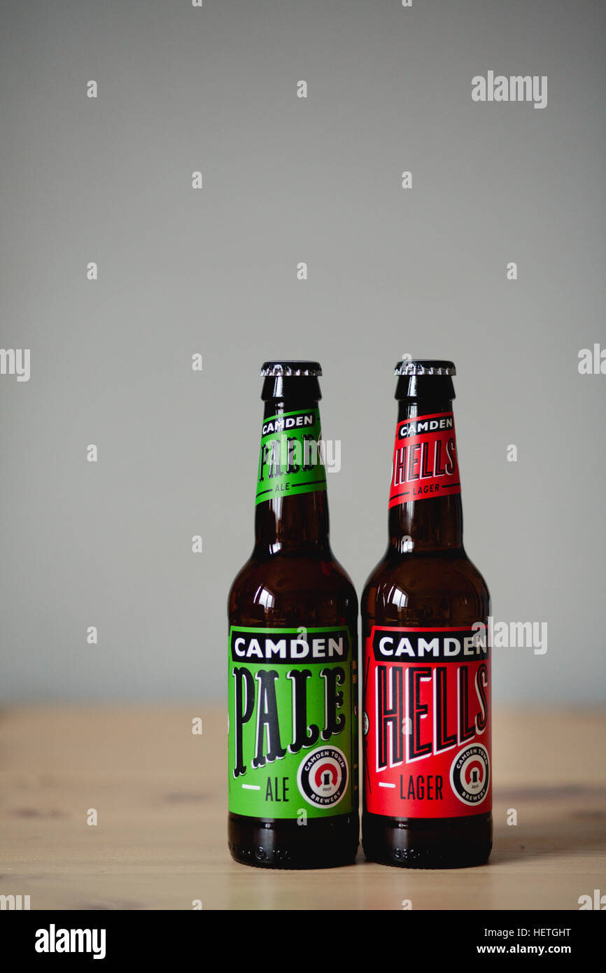 bottles of camden pale and hells in a light studio setup Stock Photo