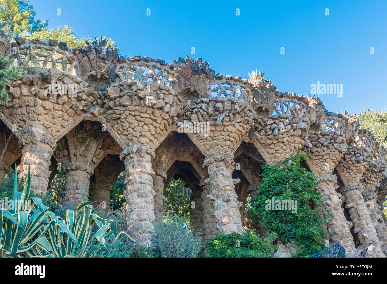 Stone pillars designed by Gaudí outside in daylight in Park Güell,  Barcelona, Spain Stock Photo - Alamy