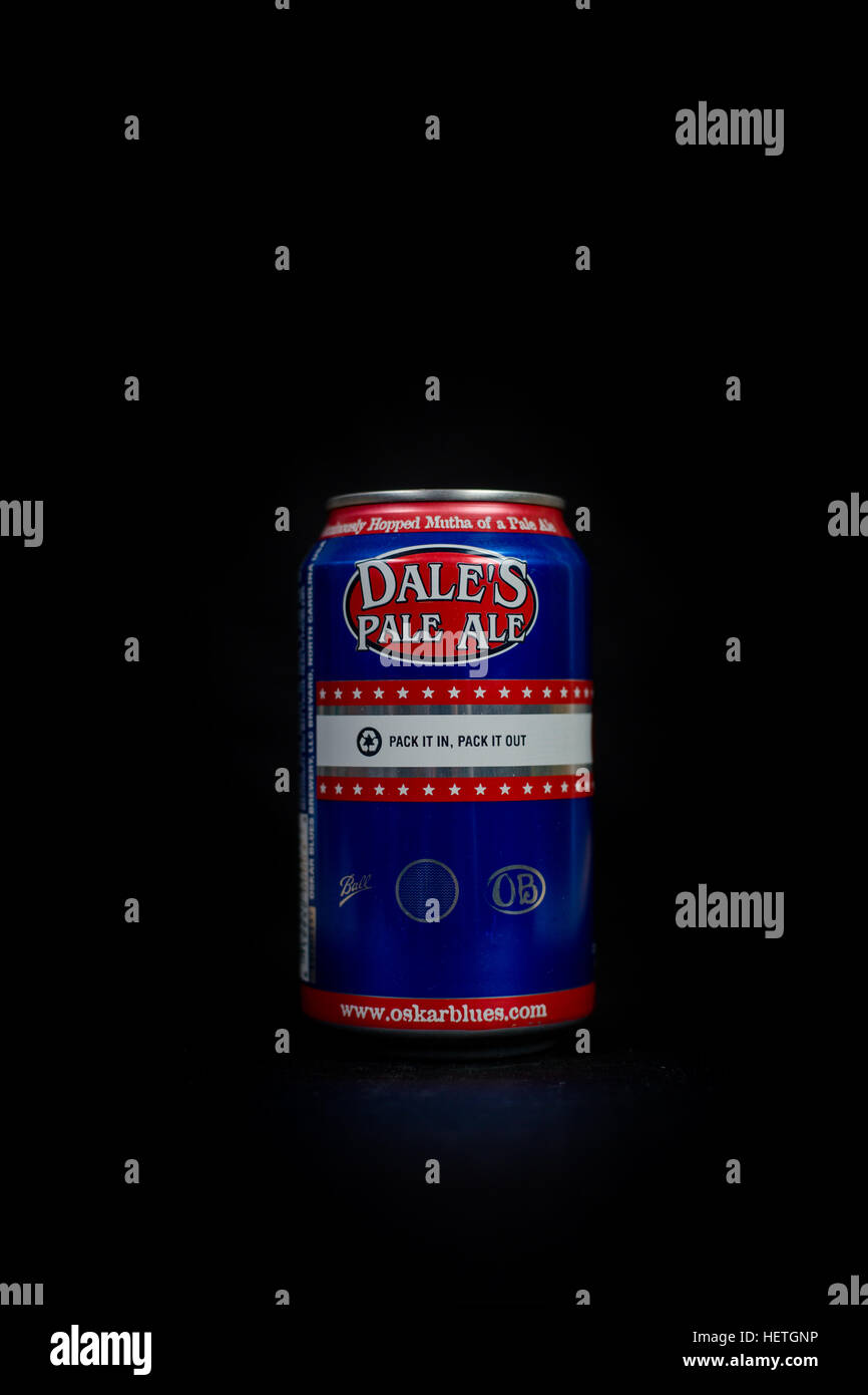 can of oskar blues brewery dales pale ale craft beer from colorado against a black studio background Stock Photo