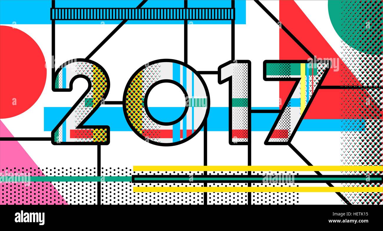 New Year typography design for holiday season decoration. 2017 date number in retro pop art style with colorful geometric shapes. EPS10 vector. Stock Vector