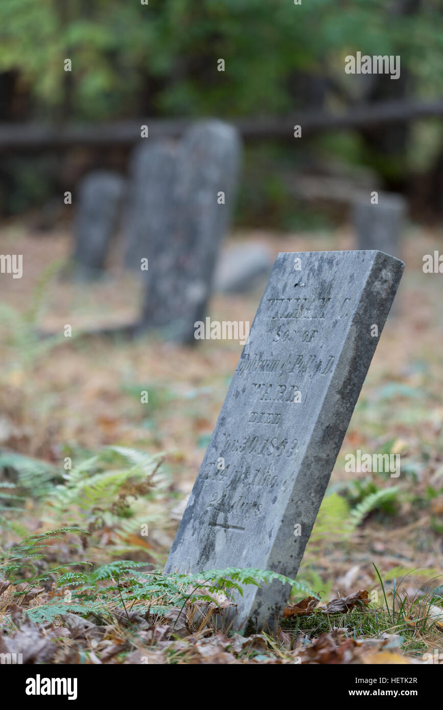 Old headstones marking graves in the Wardsboro Cemetery in New York's