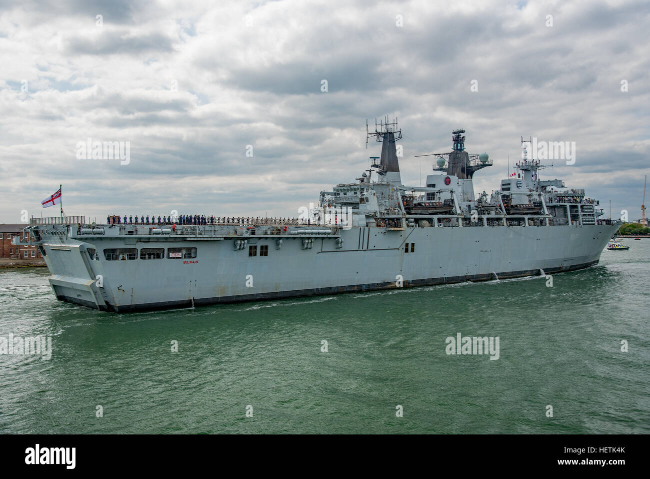 The British Royal Navy Assault Ship, HMS Bulwark (L15), arriving at Portsmouth, UK on the 25th May 2016. Stock Photo