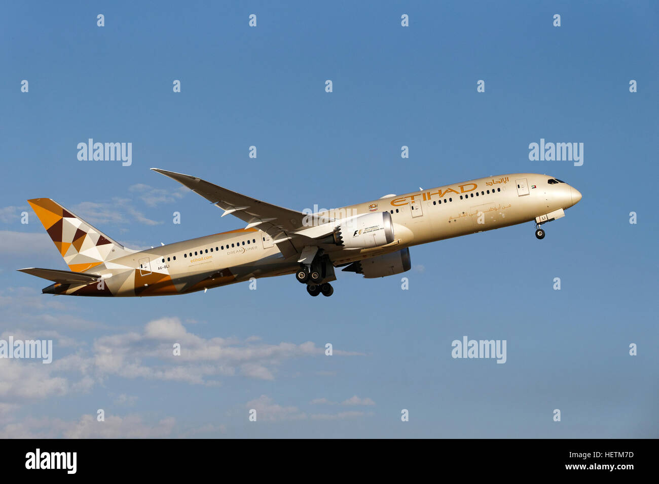 Etihad Airlines, Boeing 787 Dreamliner, commercial jet aircraft, after take off, Perth, Western Australia. Stock Photo