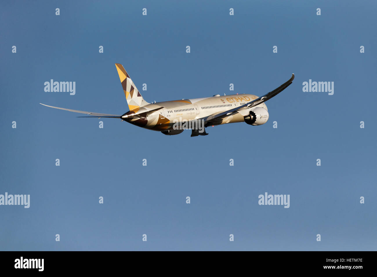 Etihad Airlines, Boeing 787 Dreamliner, commercial jet aircraft, after take off, Perth, Western Australia. Stock Photo