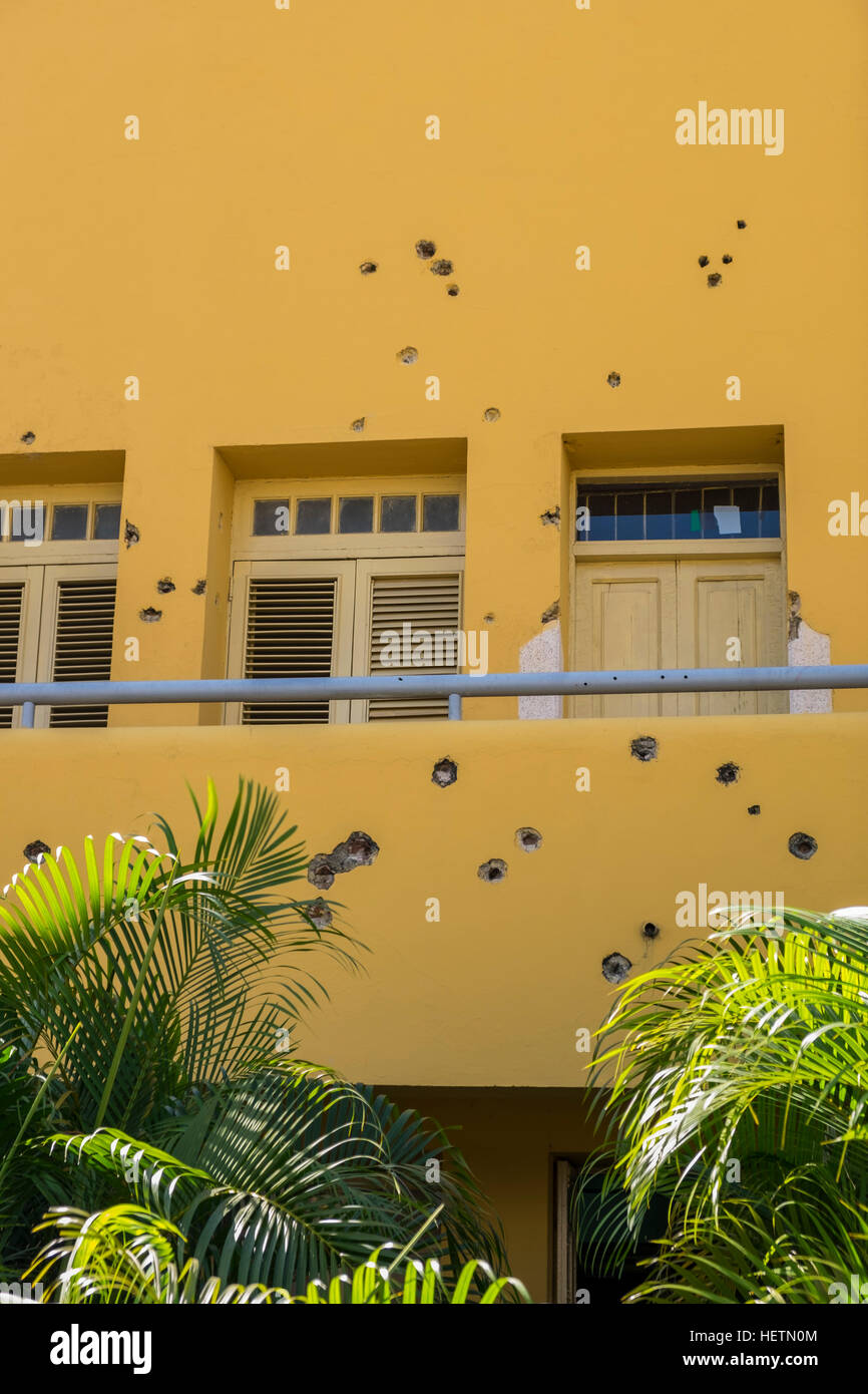 Exterior of the Moncada Barracks, scene of the 26th July 1953 failed putsch by Fidel Castro. The bullet holes in the walls are remade by the Castro ad Stock Photo