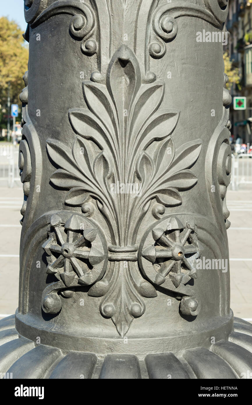 Detail of decoration carved on iron street lamps in Barcelona city, Spain. This ornament represents the classic acanthus plant, which was usually used Stock Photo