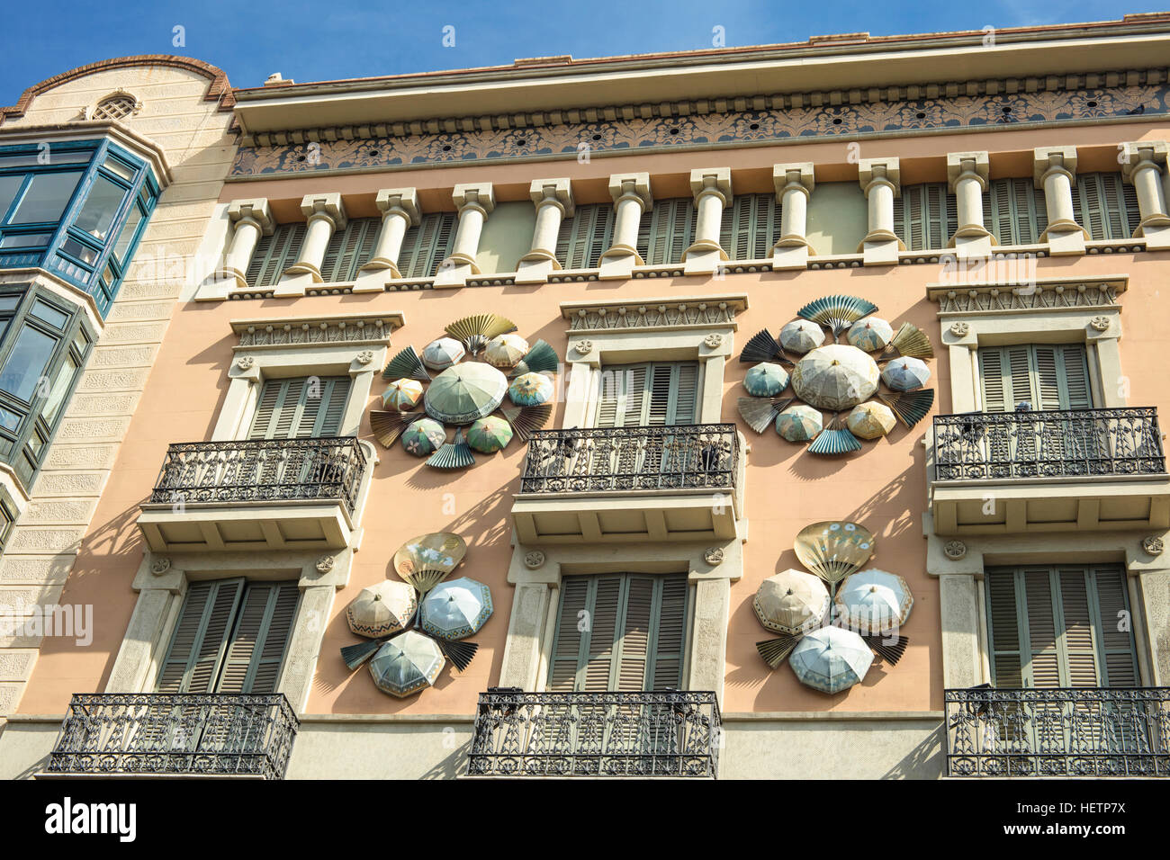 Facade of House of Umbrellas (Casa Bruno Cuadros) located in Las Ramblas of Barcelona,  Catalonia, Spain. Stock Photo
