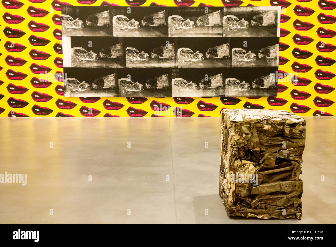 Large Transit Disaster Carcass & Transit Compression by Gavin Turk is on display until 19/03/17 at  the Newport Street Gallery. Stock Photo