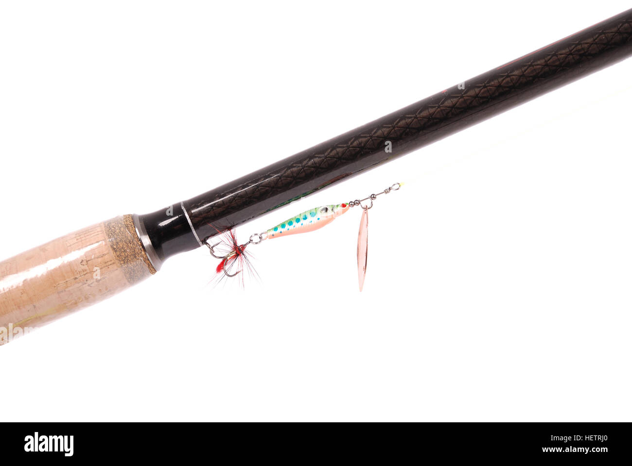 Artificial bait fish on carp feeder fishing rod isolated on white ...