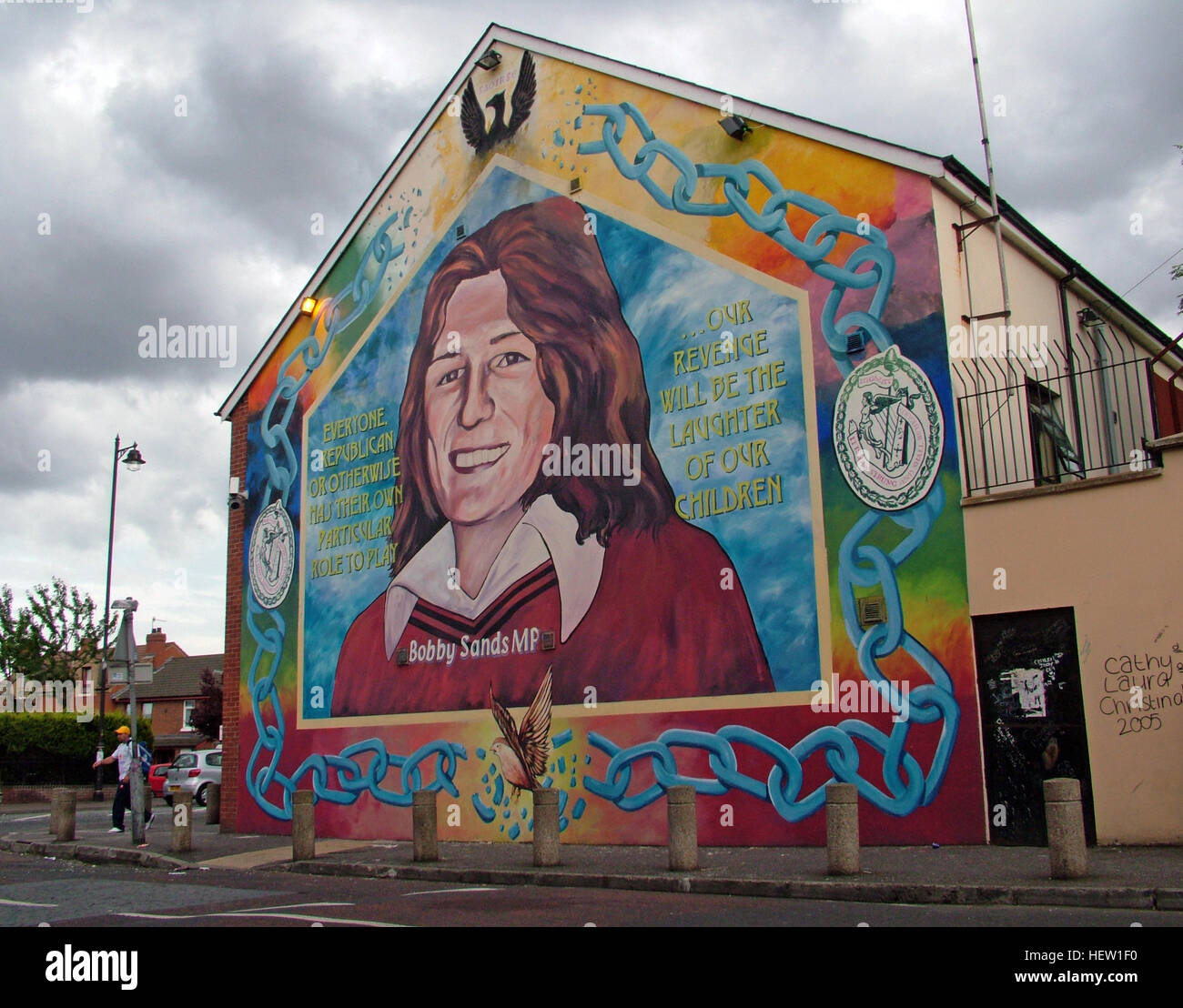 Bobby Sands MP mural on the Falls Road, Belfast, Ireland UK, commemorating the 1981 IRA hunger striker with republican imagery and quotations. Stock Photo