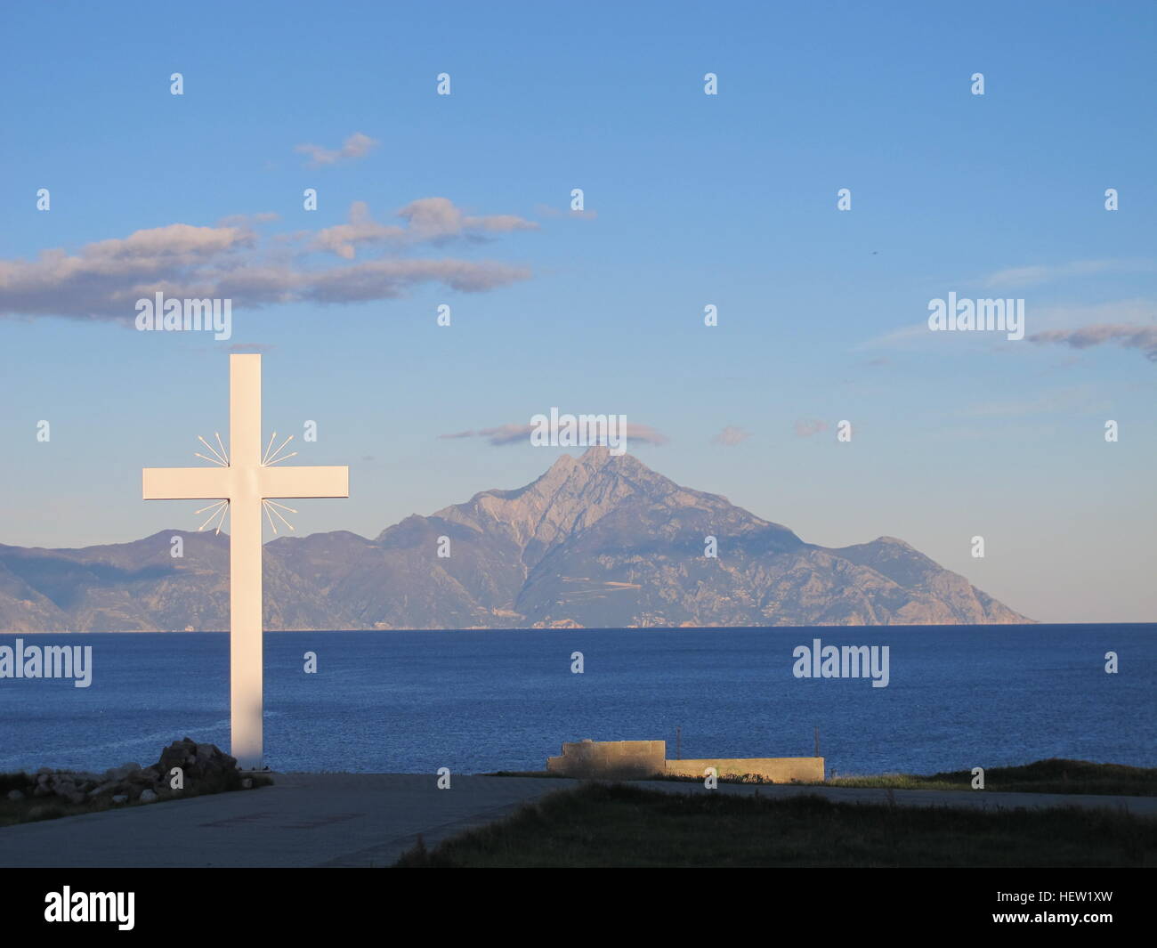 Greece central Macedonia Chalkidiki Khalkidhiki Aegean Sea Mount Athos Holy Mountain moonrise . Stock Photo