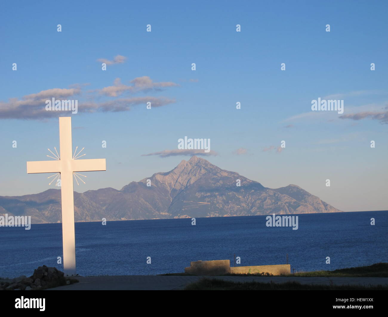 Greece central Macedonia Chalkidiki Khalkidhiki Aegean Sea Mount Athos Holy Mountain cross Stock Photo