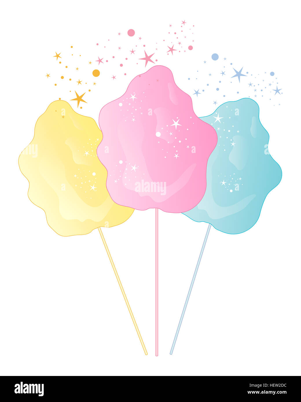 AN illustration of cotton candy or candy floss confectionery in pink yellow and blue with