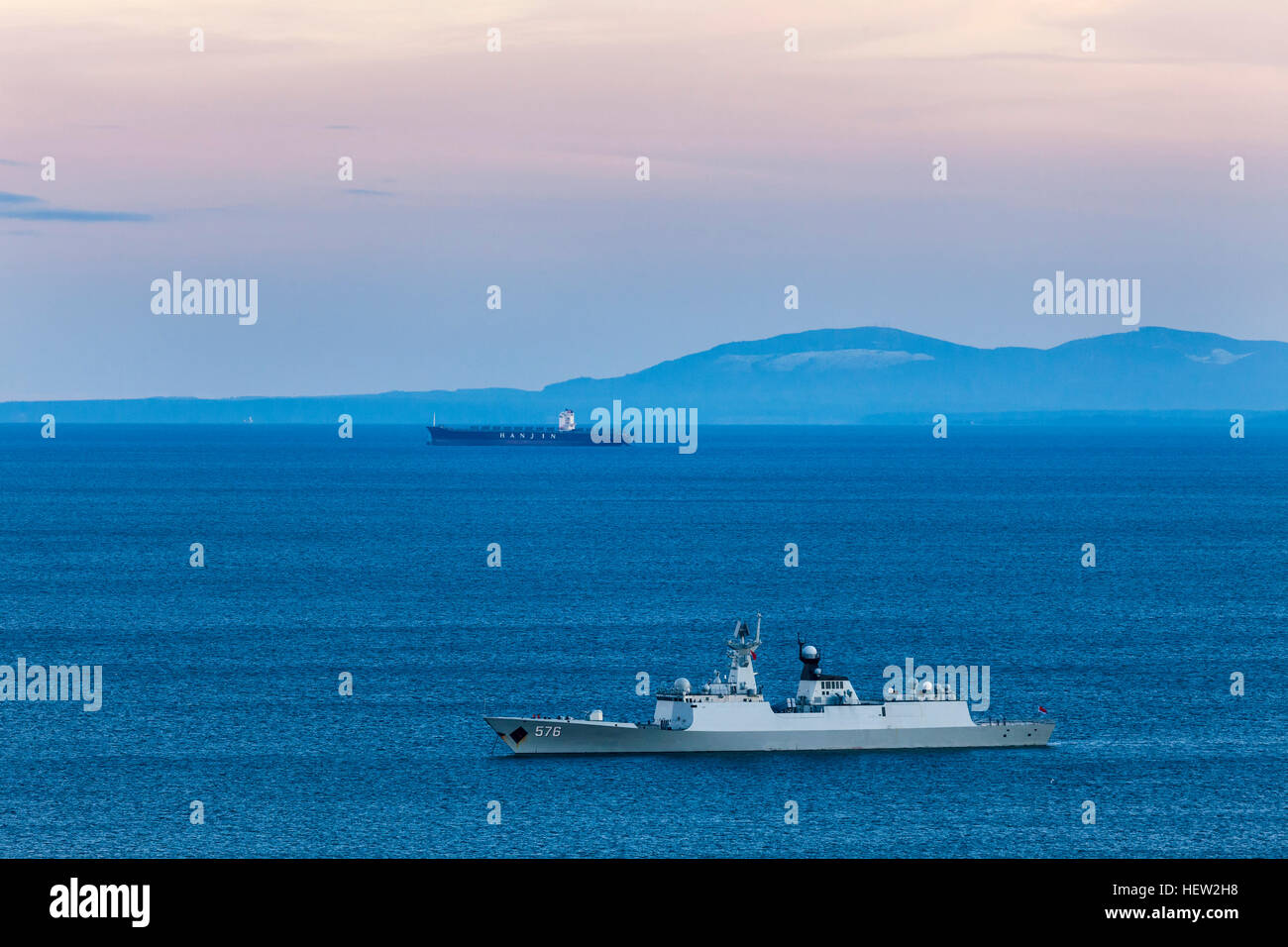 Chinese navy military ships anchored in Juan de Fuca Strait-Esquimalt, Victoria, British Columbia, Canada. Stock Photo