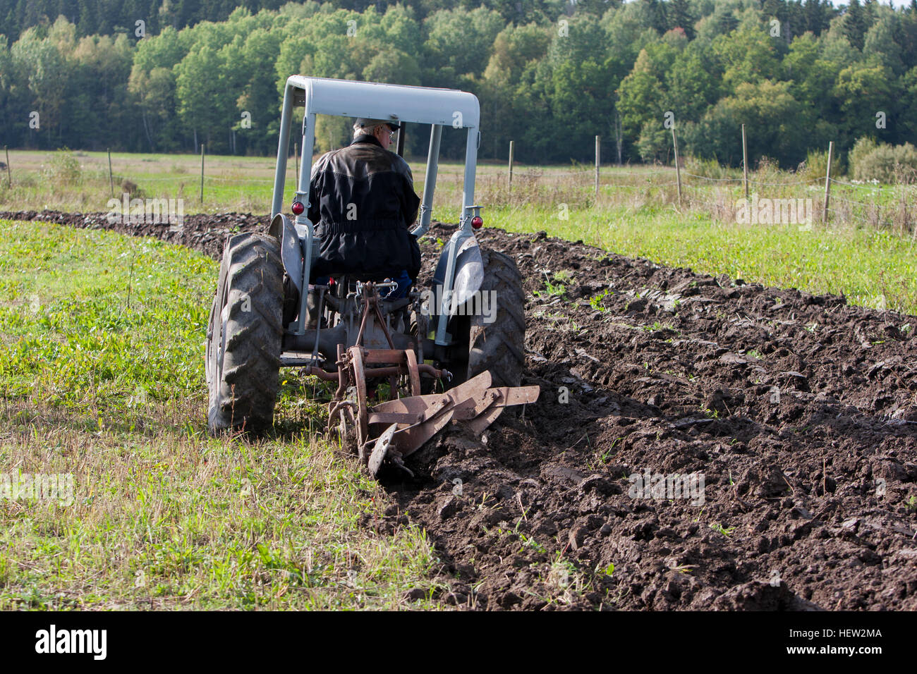 Farmer plowing with a tractor. Stock Photo