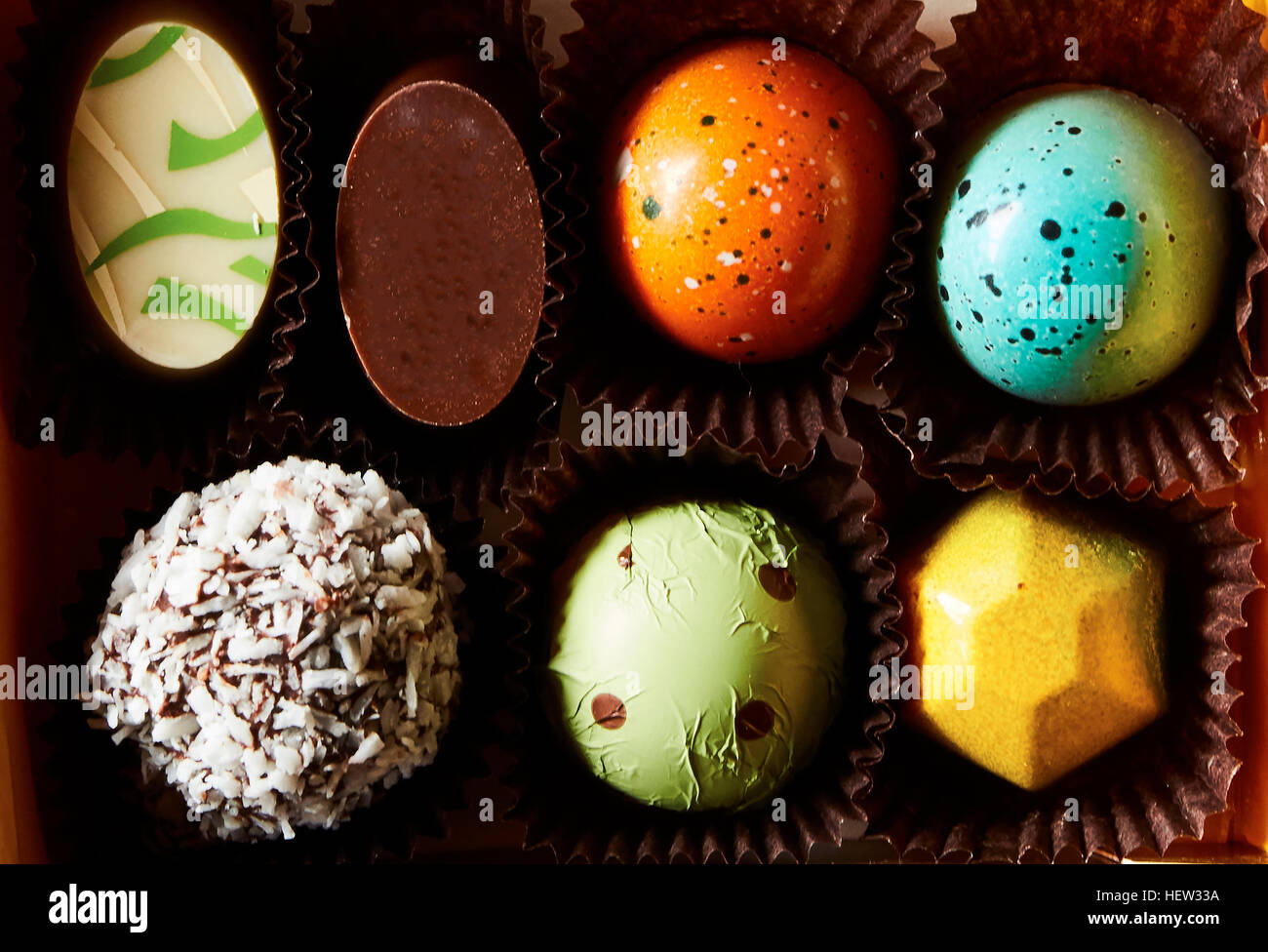 Overhead view of colorful box of chocolates, Antigua, Guatemala Stock