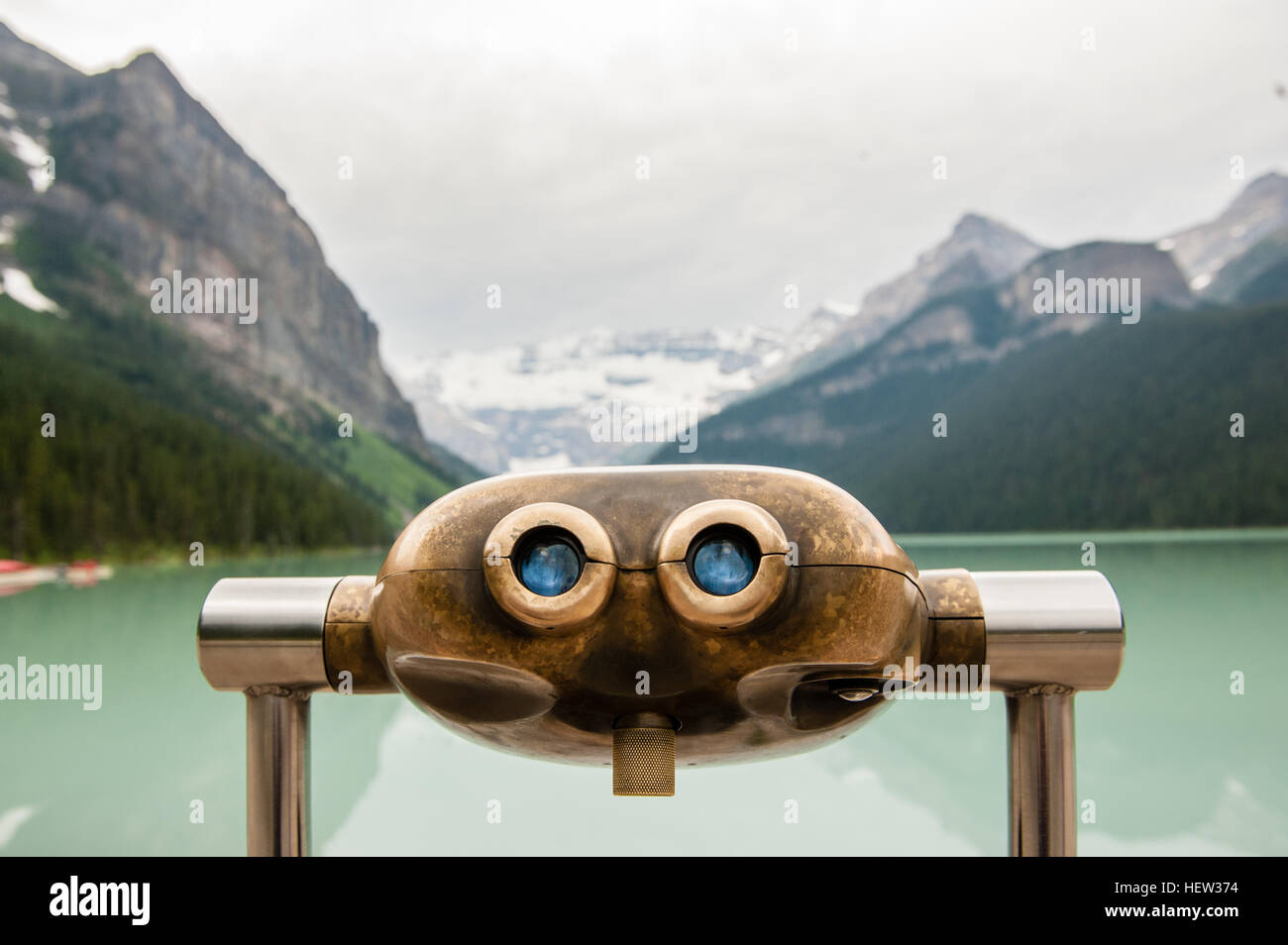 Coin operated binoculars, Lake Louise, Alberta, Canada Stock Photo