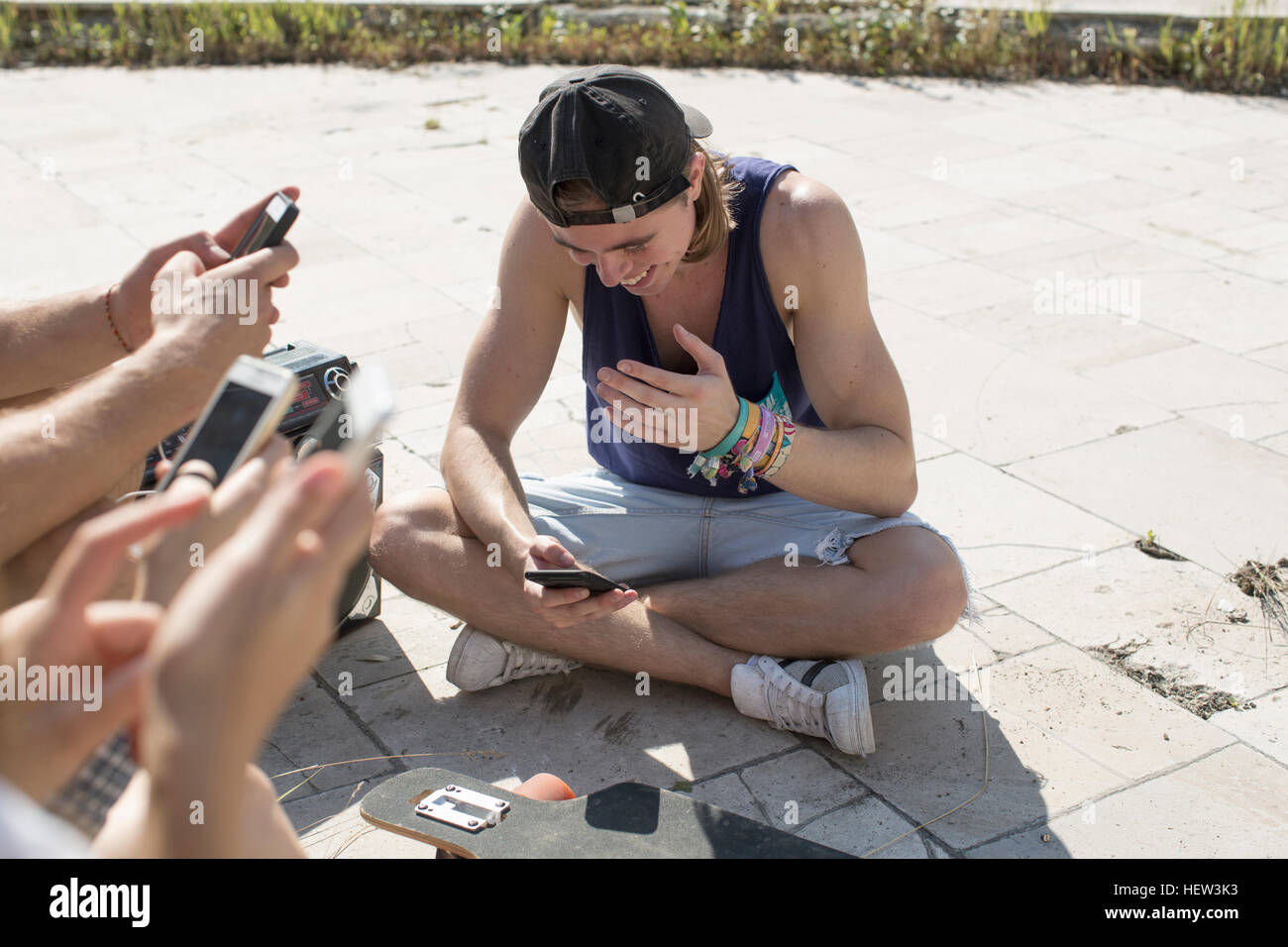 Friends social-networking on smartphones Stock Photo