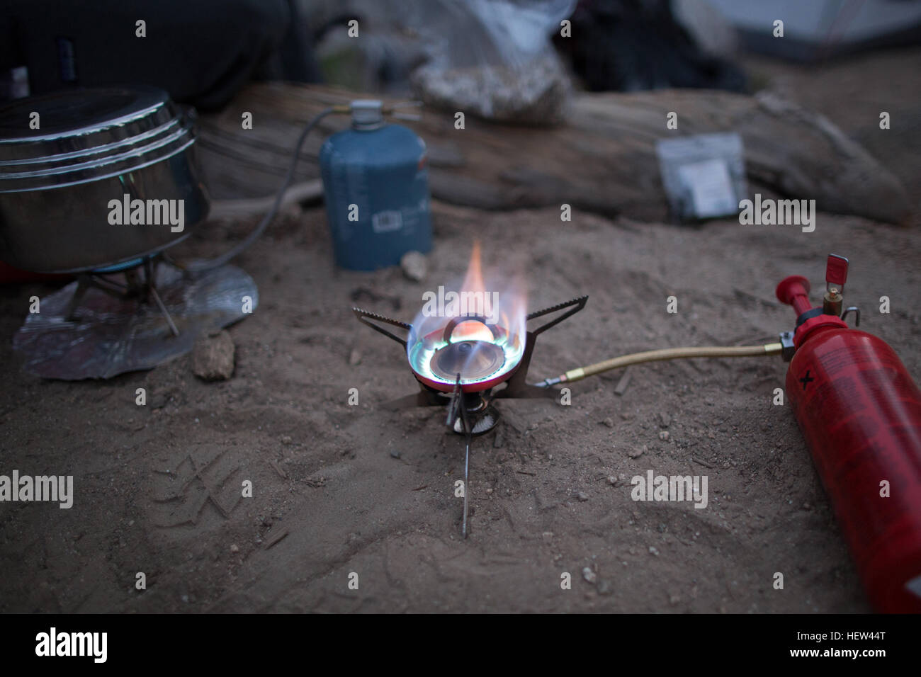 Lit camping stove Stock Photo