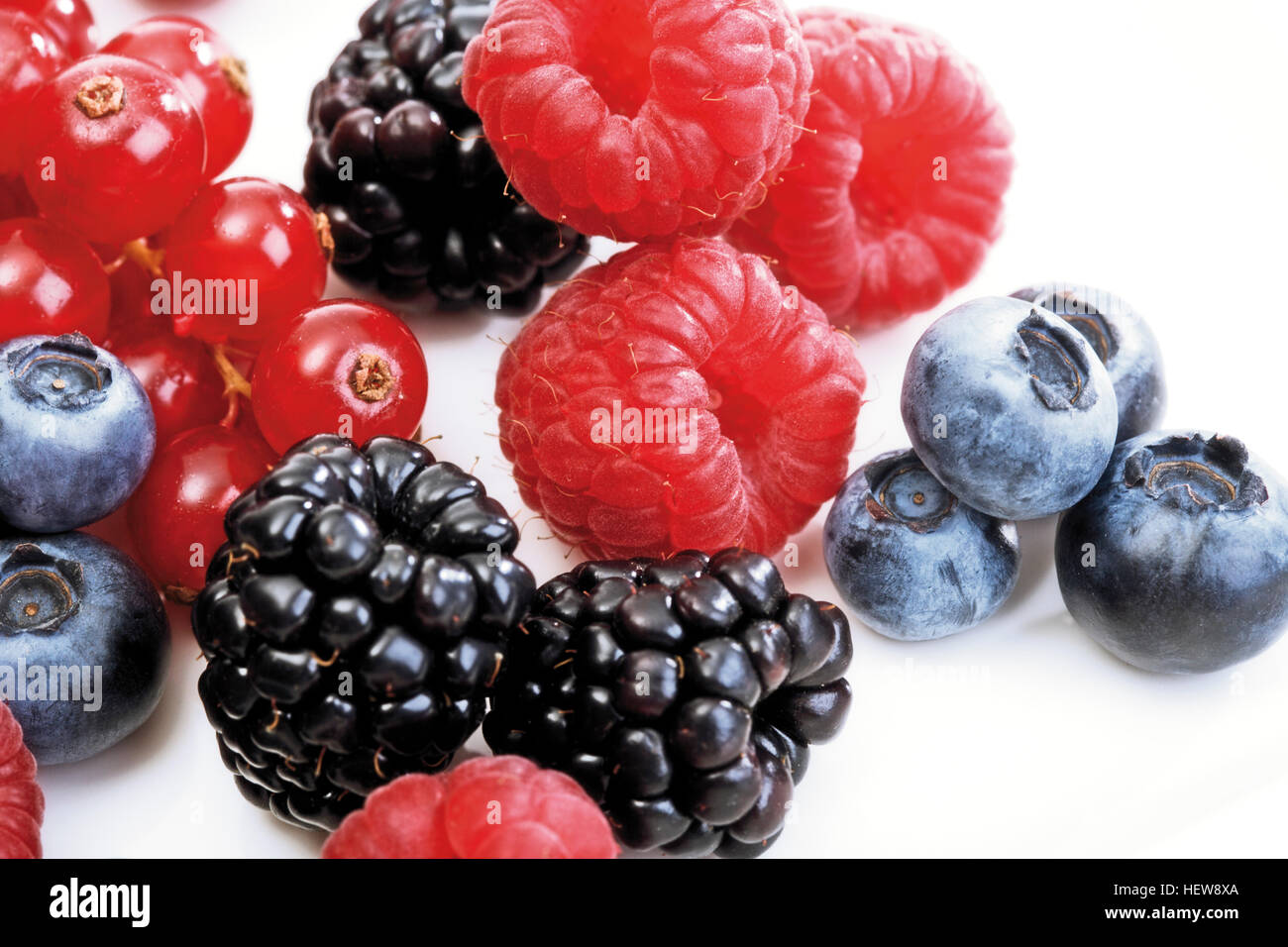 Mixed forest berries, blueberries, raspberries, blackberries, red currants Stock Photo