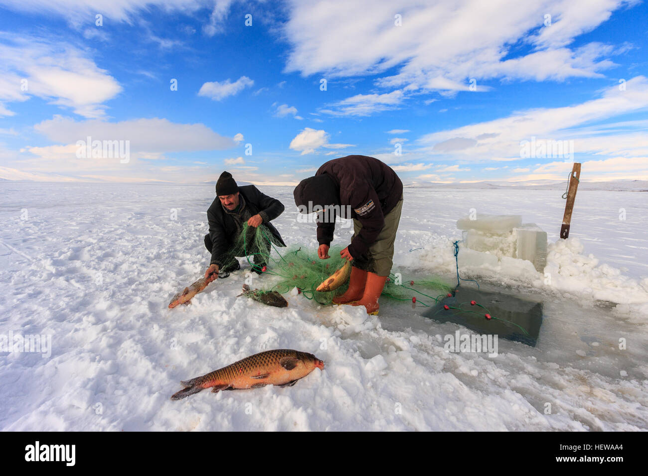 Fishermen catches fishes on Lake Cildir (Cıldır Golu) which is frozen every winter.The Lake is located on Eastern Anatolia,Kars Stock Photo
