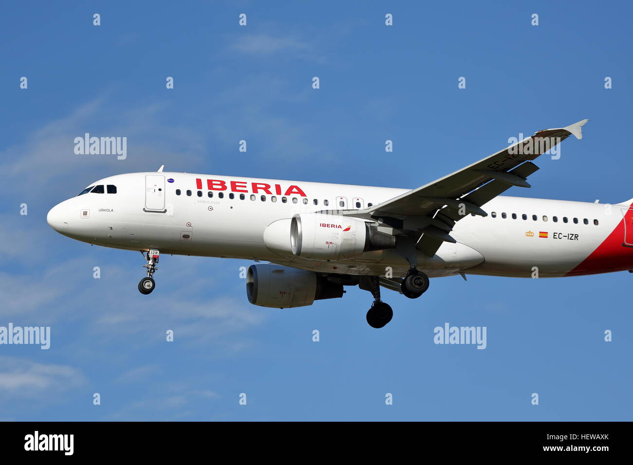 Iberia Airlines Airbus A320-214 EC-IZR landing at Heathrow Stock Photo