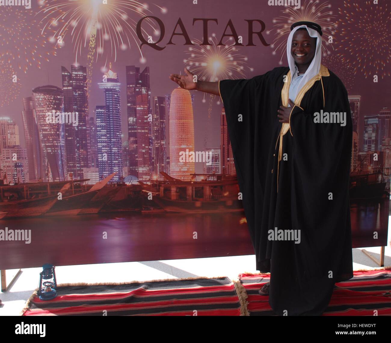 A man who wear to Arabic clothes at the Qatar Pavilion of EXPO 2016 Antalya Stock Photo