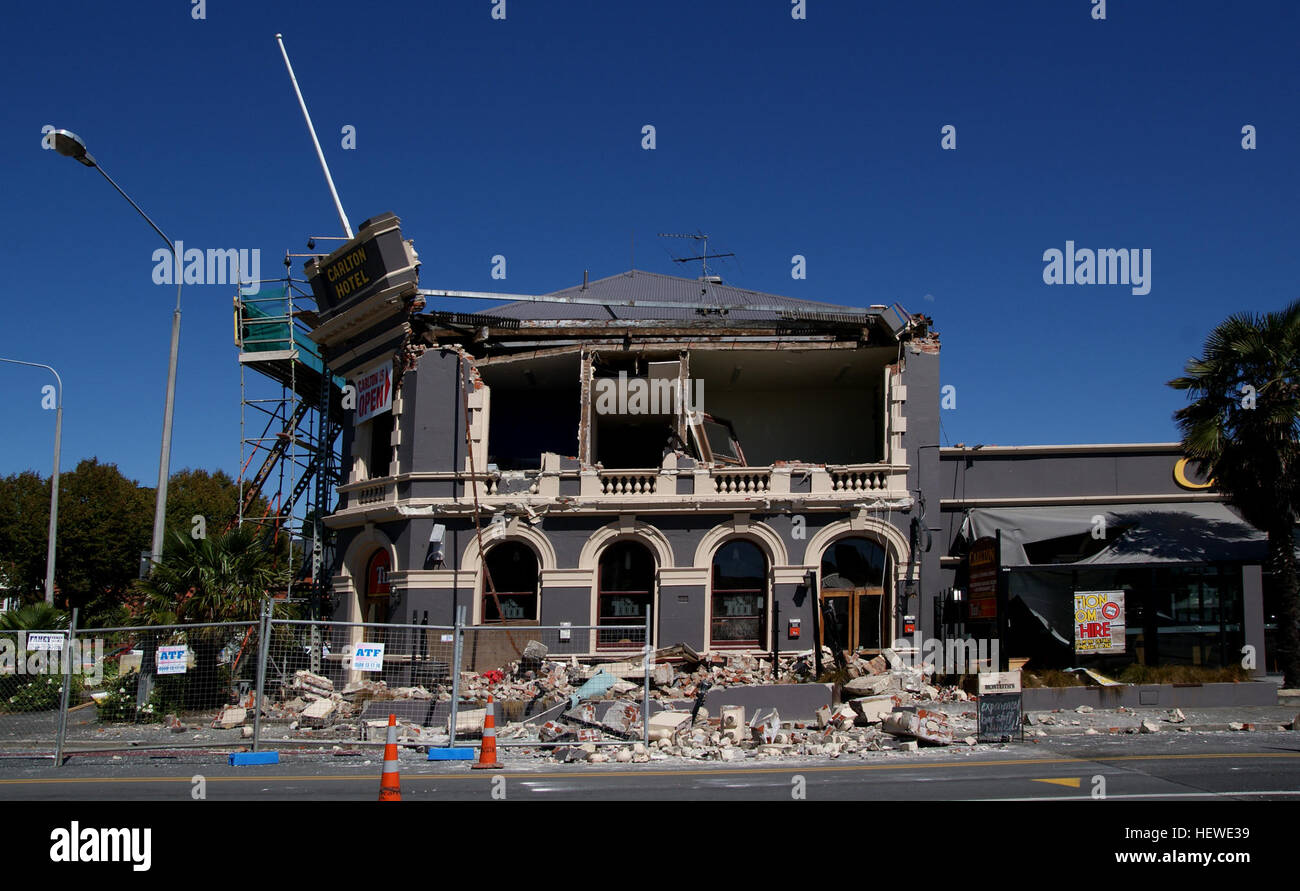 The Carlton Hotel in Christchurch was an historic pub on the corner of Papanui Road and Bealey Avenue. Built in 1906 for the New Zealand International Exhibition, it was registered by the New Zealand Historic Places Trust as a Category II heritage building. The building was damaged in the February 2011 Christchurch earthquake and demolished on 9 April 2011. Stock Photo