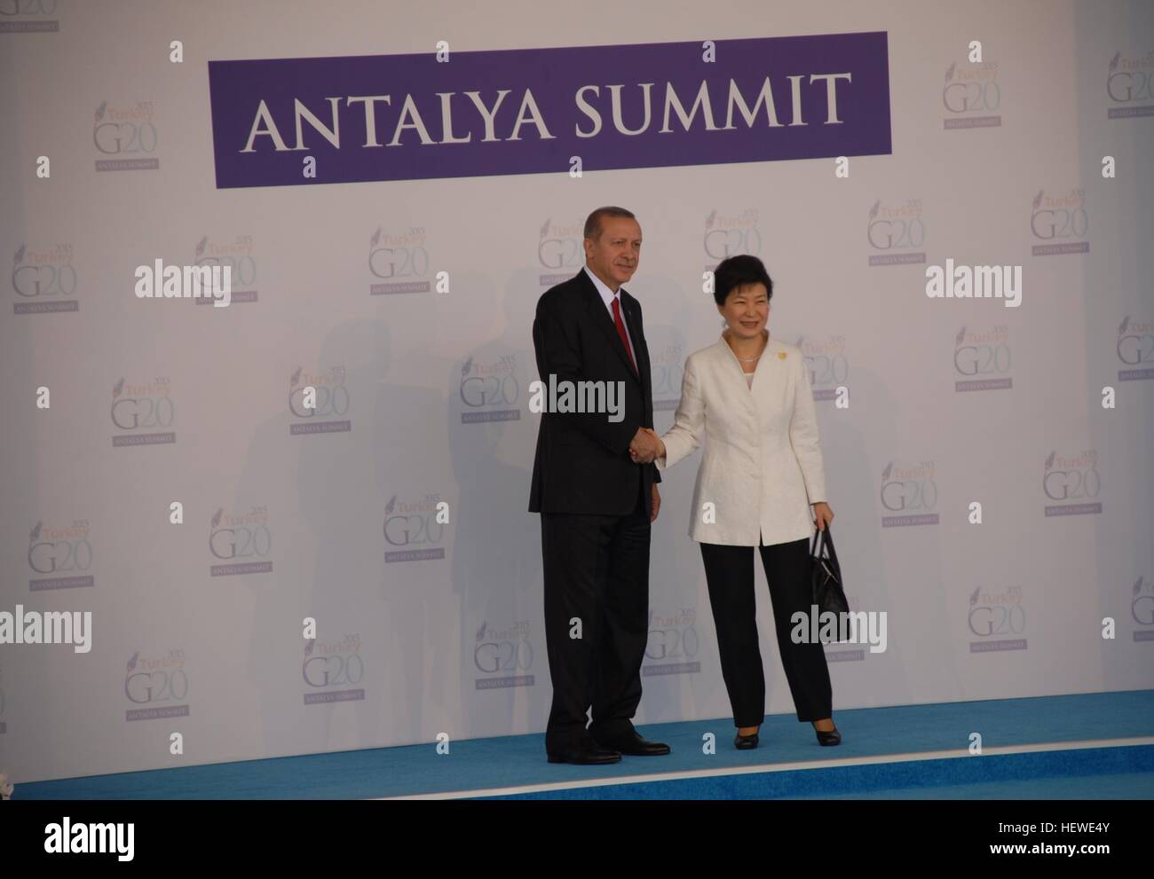 Turkish President Recep Tayyip Erdogan (L) greets Republic of Korea President Park Geun-hye as he officially arrives for the G20 Stock Photo