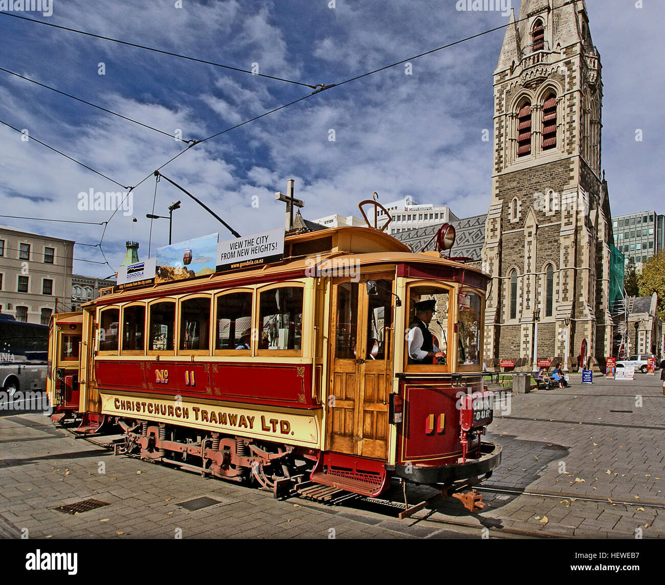 The Christchurch tramway system is an extensive network in Christchurch, New Zealand, with steam and horse trams from 1882. Electric trams ran from 1905 to 1954, when the last line to Papanui was replaced by buses in back in 1954. A few lines were reopened in the city in 1995. The track is standard gauge, 1,435 mm (4 ft 8 1⁄2 in).  There is now a 2.5-kilometre (1.6 mi) central city loop heritage tram system, opened in February 1995 and running all year round, as well as a 1.4-kilometre (0.87 mi) extension opened in February 2015  and a tram museum at the Ferrymead Heritage Park with operating  Stock Photo