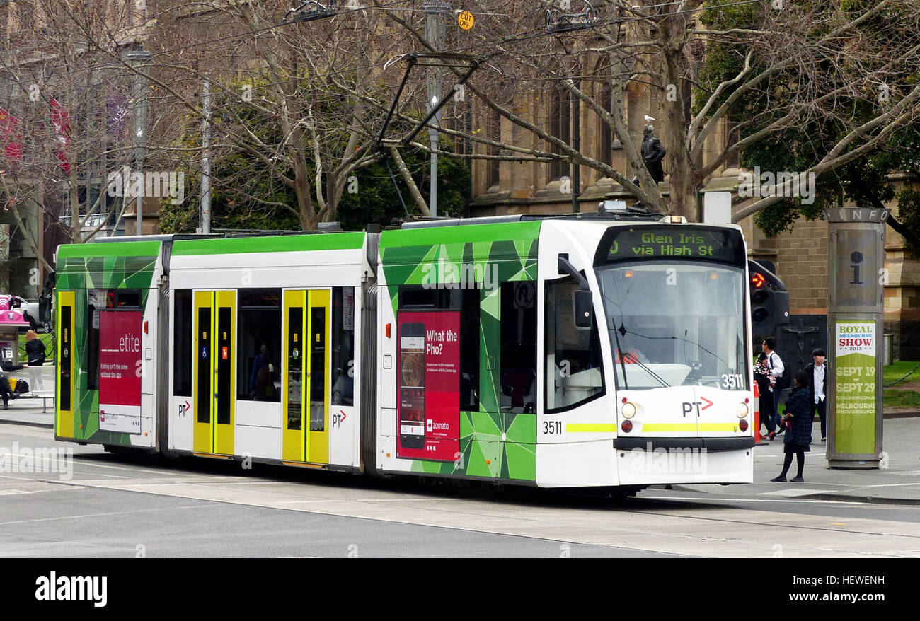 The D-class trams are low-floor Combino trams that operate on the Melbourne tram network. They were built by Siemens in Germany, and are divided into two classes: the three section D1-class which was introduced between 2002 and 2004, and the five section D2-class which was introduced in 2004. The D-class was procured by M&gt;Tram and have been operated by Yarra Trams since they took control of the entire tram network in April 2004. Stock Photo