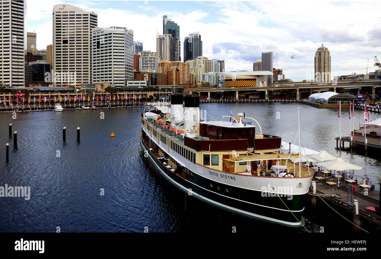 SS South Steyne is a retired steam ferry. For 36 years, she operated on the Manly run on Sydney Harbour and is now a floating restaurant moored at Darling Harbour. SS South Steyne was built by Henry Robb in Leith, Scotland for the Port Jackson &amp; Manly Steamship Company. Launched on 1 April 1938, she set off on 7 July, to steam the 22,000 kilometres to Australia, where she arrived on 19 September. The Master of the vessel for the voyage was Captain Rowling.  She was withdrawn from service as a commuter ferry in 1974.  On 25 August 1974, A week after the last run, a fire broke out in the fan Stock Photo