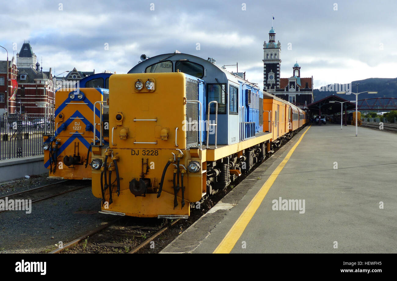 The New Zealand DJ class locomotive is a type of diesel-electric locomotive in service on the New Zealand rail network. The class were built by Mitsubishi Heavy Industries and introduced from 1968—1969 for the New Zealand Railways Department with a modernisation loan from the World Bank to replace steam locomotives in the South Island, where most of the class members worked most of their lives.  They are the second class of locomotive in New Zealand to utilise the Bo-Bo-Bo wheel arrangement, the other classes being the EW class and the EF class. In both cases, this wheel arrangement was used t Stock Photo