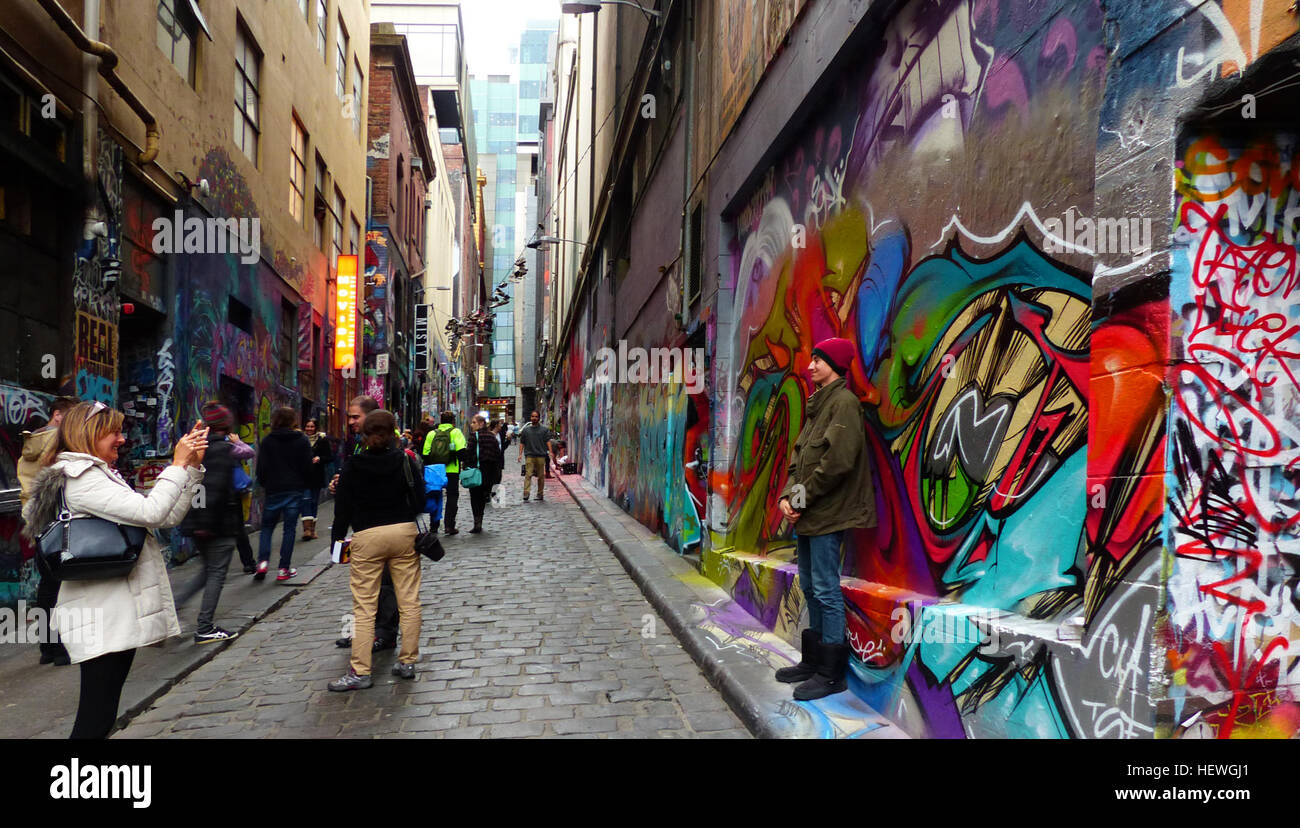The Street Art Canvas on Hosier Lane - Melbourne, Australia    The thing about &quot;street art&quot; is that its dynamic. Its always changing. There may not be a better exhibition of urban art than Hosier Lane in Melbourne, Australia.    The pedestrian laneway is located near the city center and Federation Square. Every inch of the walls of the street and its side alleys are covered in spray paint and other mixed-media. It is a site to behold even if you aren't a fan of the graffiti movement.    Street art in Melbourne is celebrated and is a defining characteristic of the city. The city is ho Stock Photo