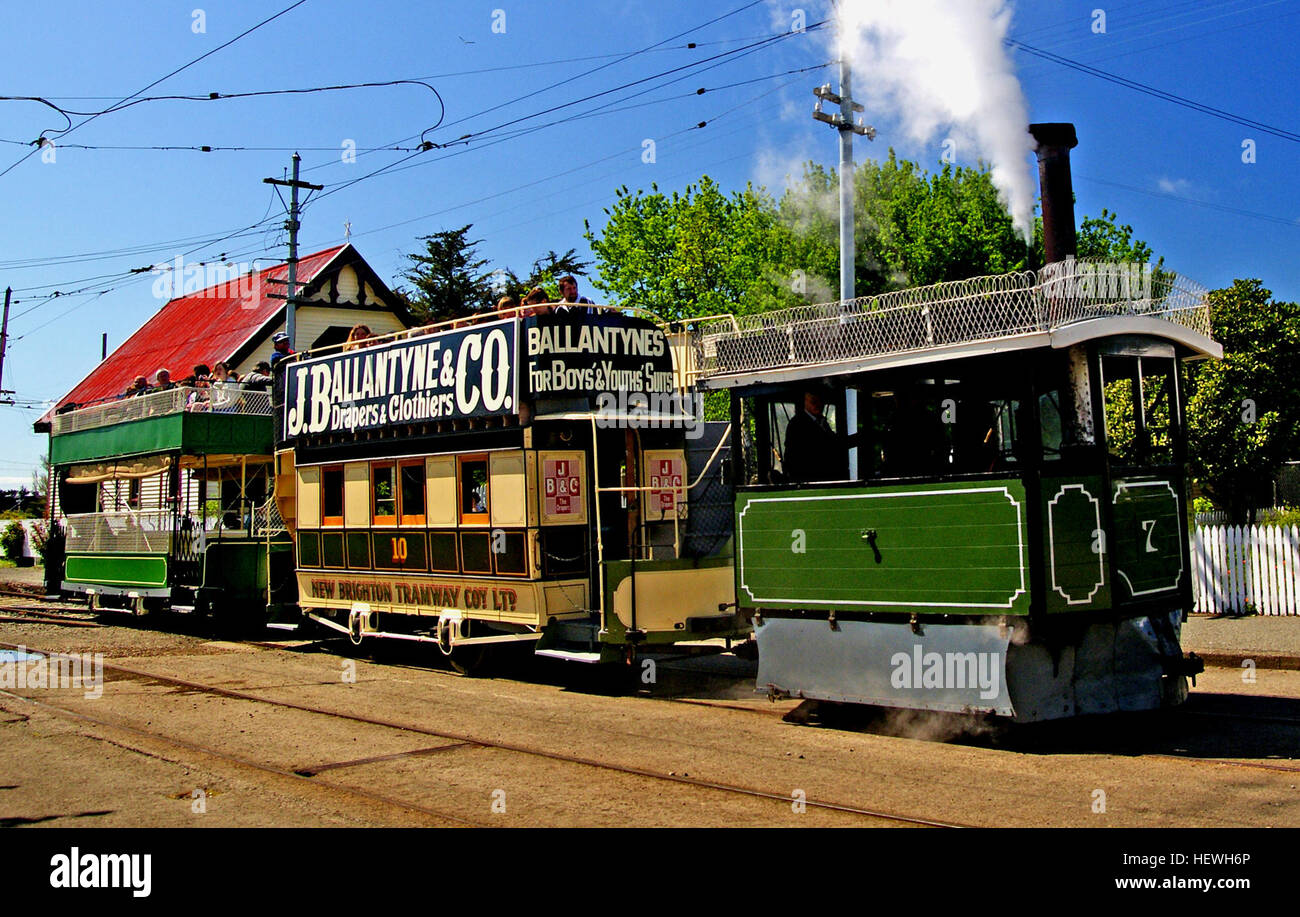 Kitson Steam Tram number 7 is probably the most iconic vehicle in the Society's collection - and is depicted on the Society's logo. (This vehicle is generally referred to as &quot;Kitty&quot; by Society members.) It is believed to be one of only three Kitson Steam Trams that remain in existence, and the only one still in operating order. The Steam Tram is one of eight imported by the Canterbury Tramway Company in 1880/1 for use on that company's lines in Christchurch. Numbered 7 by the company, it was maker's number 28 and was built by Kitson &amp; Company, Airedale Foundry, Leeds England, in  Stock Photo