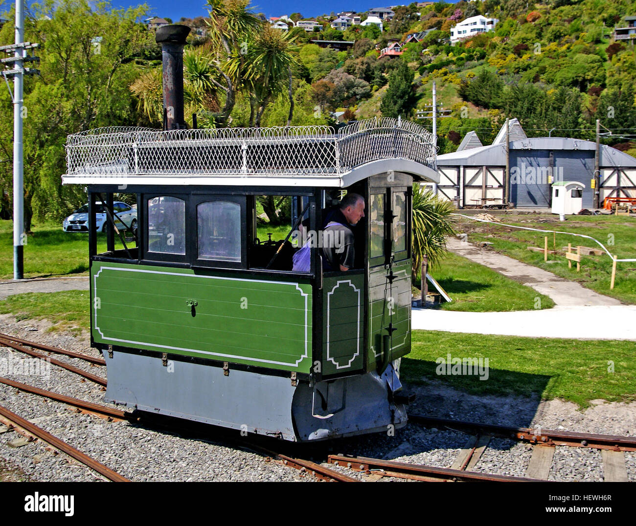 The Steam Tram is one of eight imported by the Canterbury Tramway Company in 1880/1 for use on that company's lines in Christchurch. Numbered 7 by the company, it was makers number 28 and was built by Kitson &amp; Company, Airdale Foundry, Leeds England, in 1881. Stock Photo