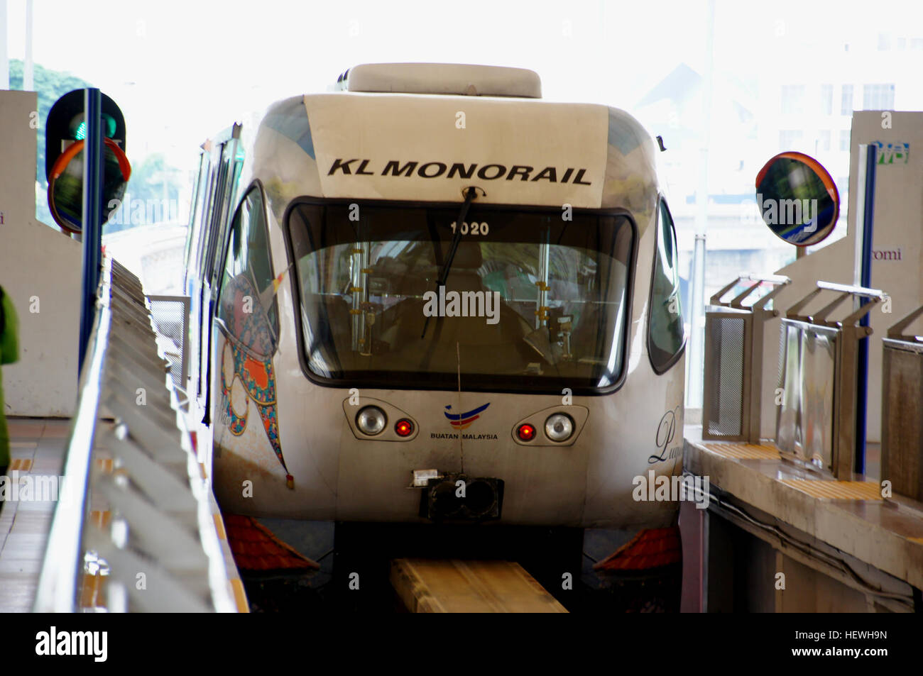 The KL Monorail, an urban transportation system in Kuala Lumpur, Malaysia, opened in 2003. It operates 11 stations along an 8.6 km route on elevated tracks, offering a rapid transit option for the city. This monorail is a key component of Kuala Lumpur's public transport network. Stock Photo