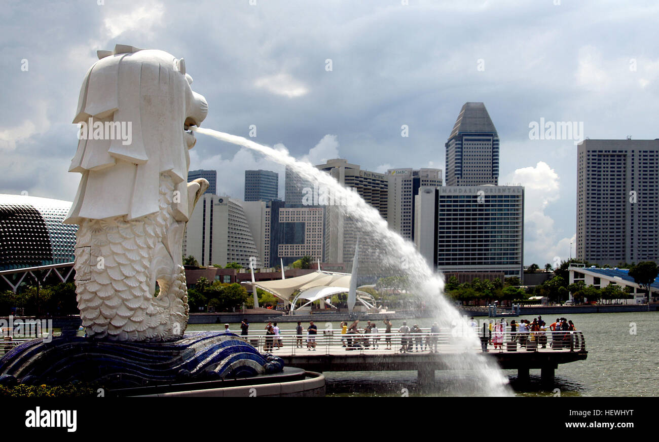 Spouting water from its mouth, the Merlion statue stands tall at 8.6 metres and weighs 70 tonnes.  This icon is a ‘must-see’ for tourists visiting Singapore, similar to other significant landmarks around the world.  Built by local craftsman Lim Nang Seng, it was unveiled on 15 September 1972 by then Prime Minister Lee Kuan Yew at the mouth of the Singapore River, to welcome all visitors to Singapore. Stock Photo