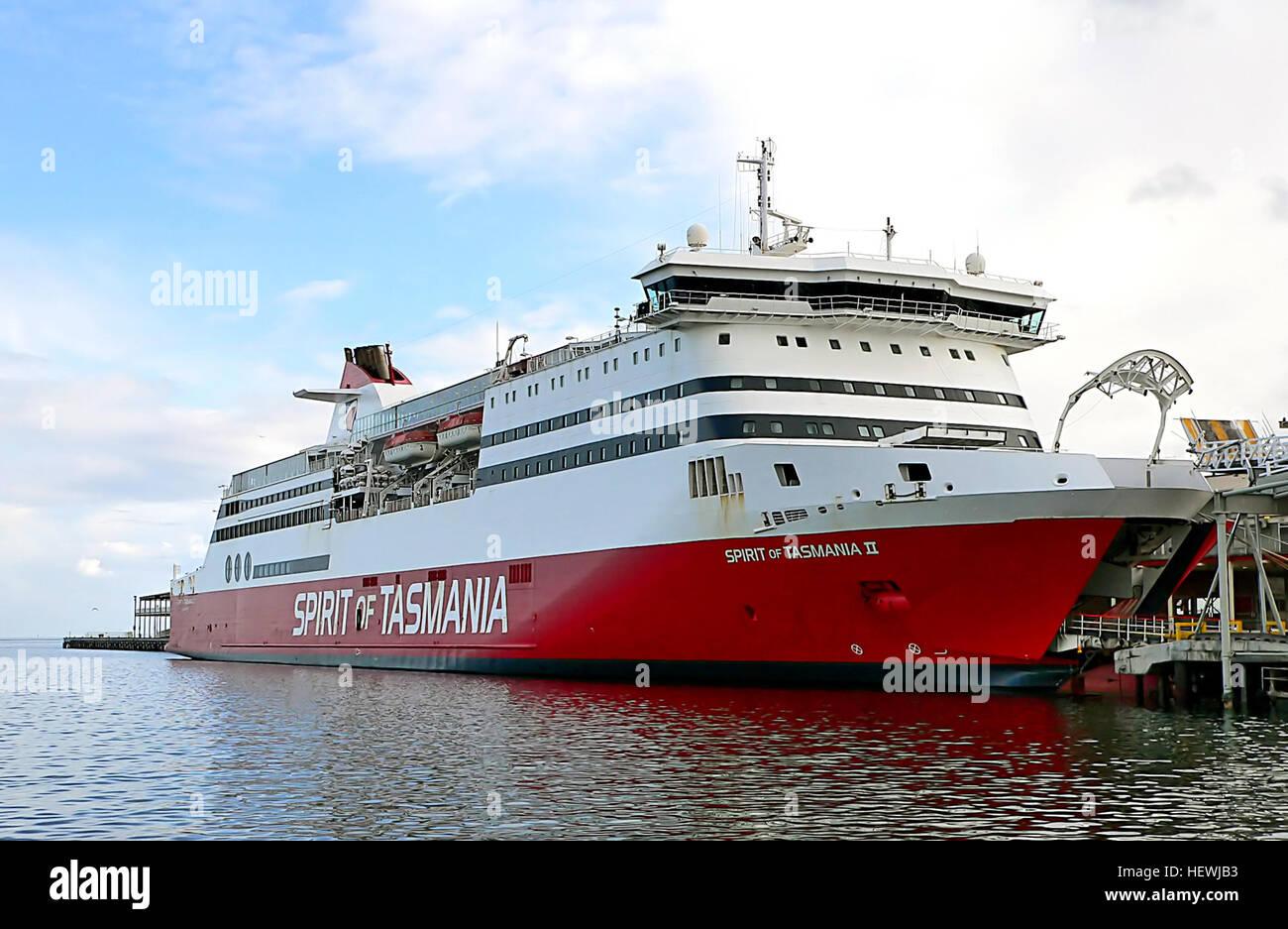 The MS Spirit of Tasmania II is a fast ropax ferry operating between Melbourne and Devonport. Built in 1998 and initially named MS Superfast III, it was later rebranded for TT-Line Pty. Ltd. and continues to serve the route today. Stock Photo