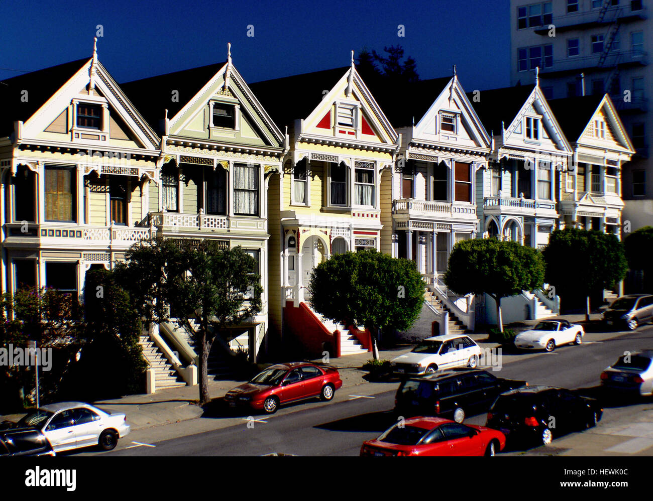 One of the best-known groups of &quot;Painted Ladies&quot; is the row of Victorian houses at 710–720 Steiner Street, across from Alamo Square park, in San Francisco. It is sometimes known as &quot;Postcard Row.&quot; The houses were built between 1892 and 1896 by developer Matthew Kavanaugh, who lived next door in the 1892 mansion at 722 Steiner Street. This block appears very frequently in media and mass-market photographs of the city and its tourist attractions and have appeared in an estimated 70 movies, TV programs, and ads, including in the opening credits of the television series Full Ho Stock Photo